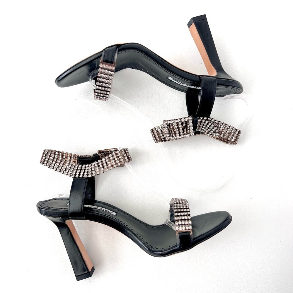 MANOLO BLAHNIK | Bashifa Black Leather‎ Jewel Ankle Bracelet Strap Sandal US 6 - Picture 4 of 14
